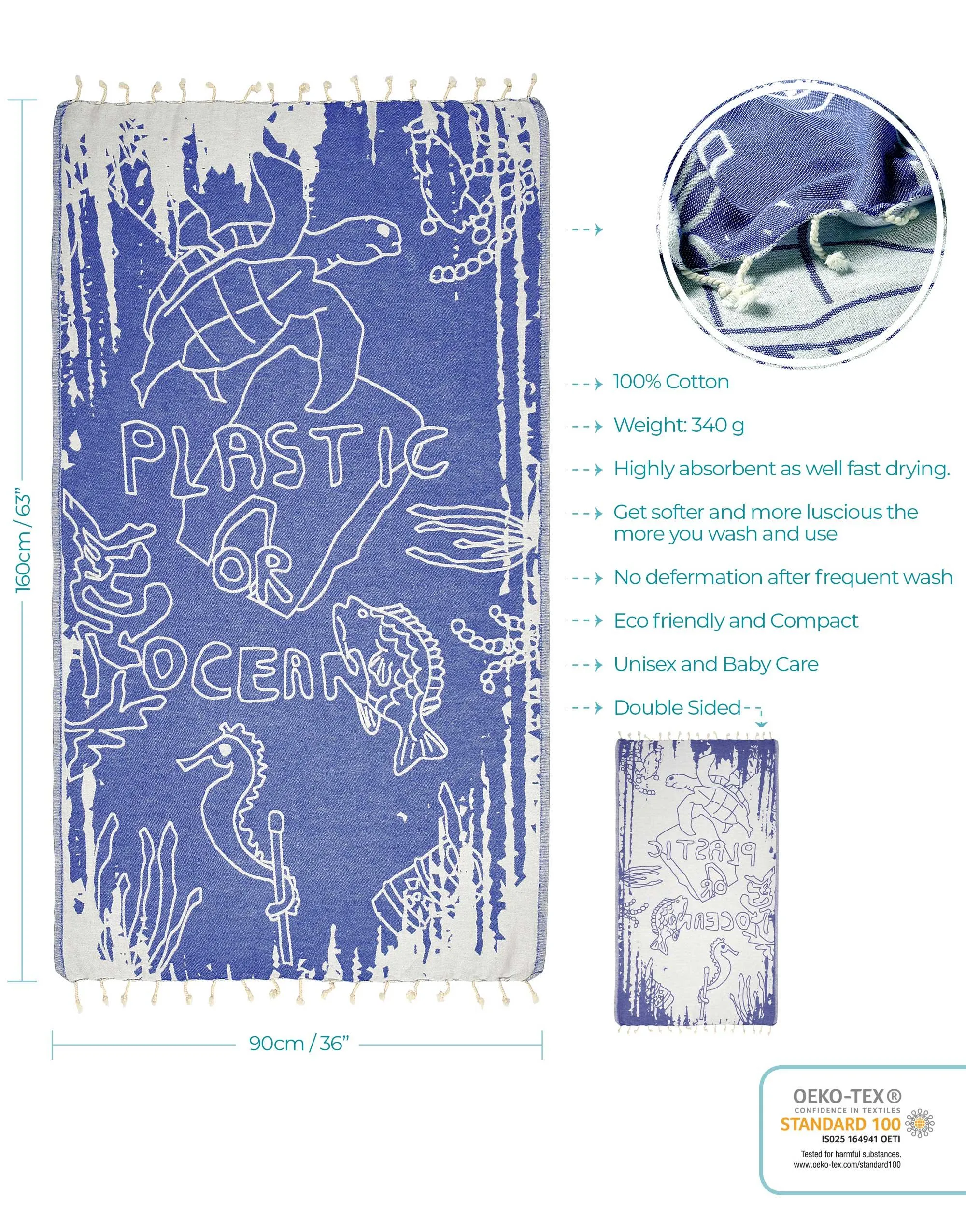 Set of 4 Turkish Beach Towels Nautical Series Pestemal 36"x63" , Plastic and Ocean