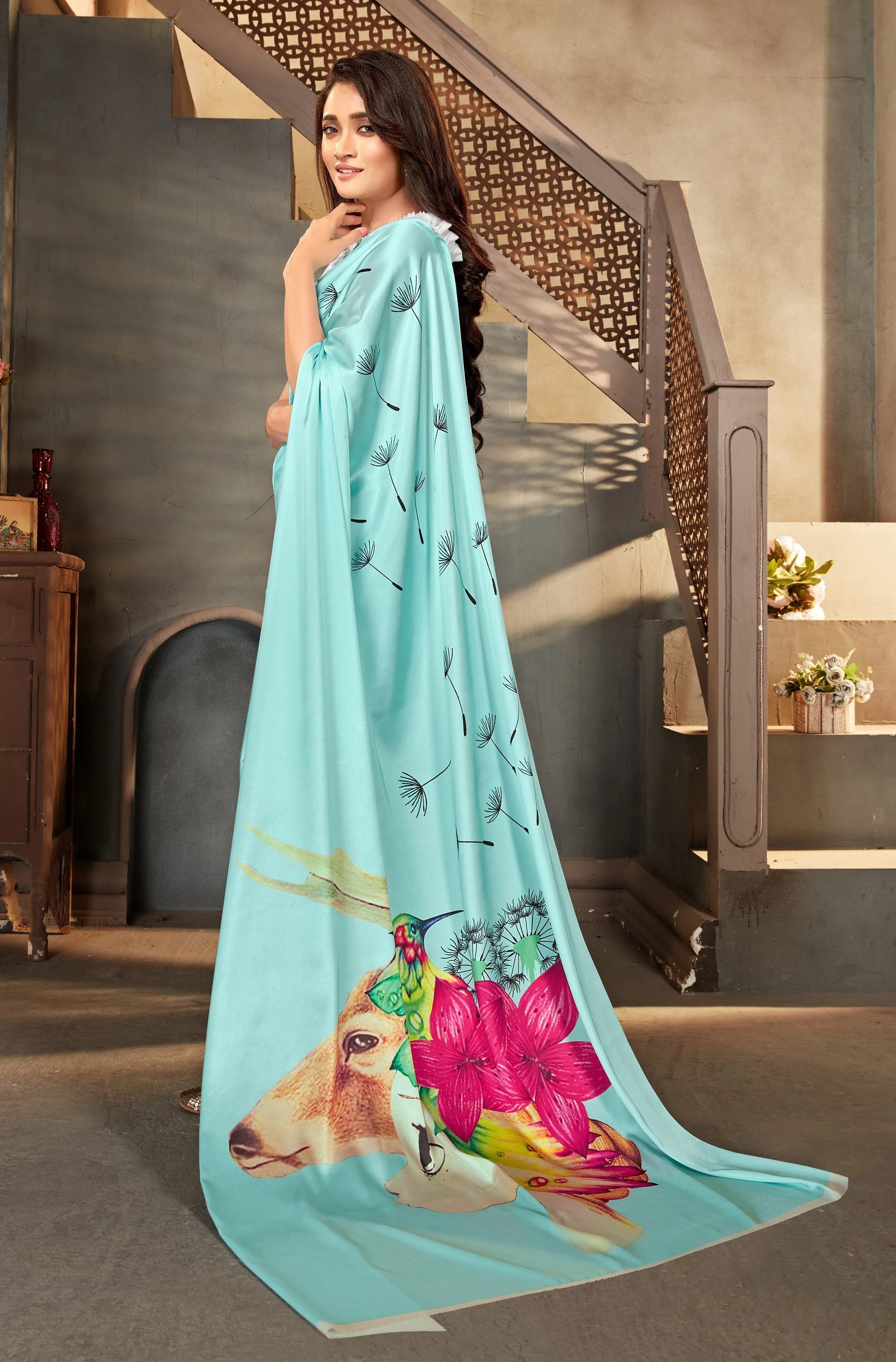Sky blue color Satin digital print Saree