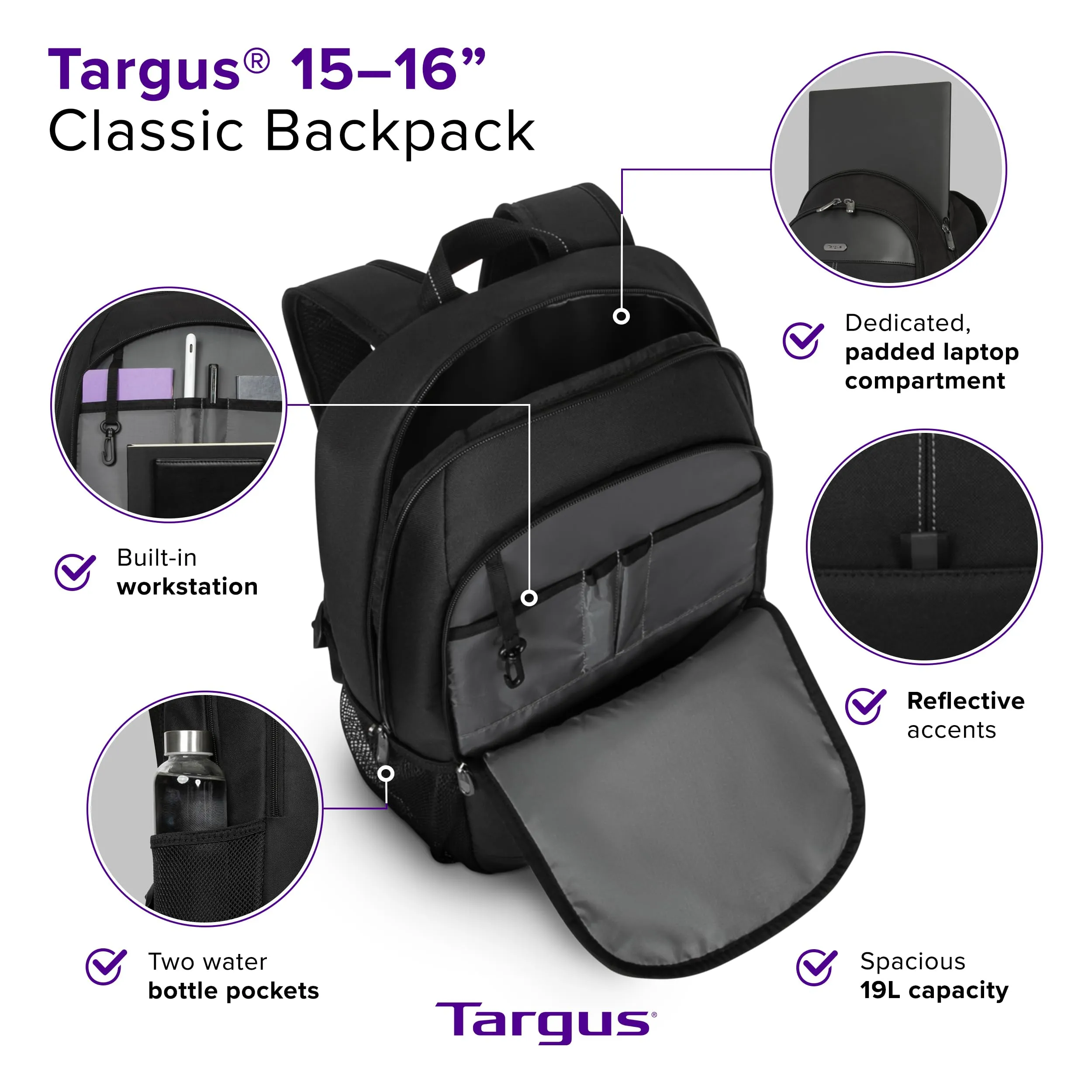 Targus 15-16 Inch Classic Laptop Backpack - Fits Most Laptops up to 16", Padded Travel Backpack for Business Commuters, College, and Travel (TBB943GL)