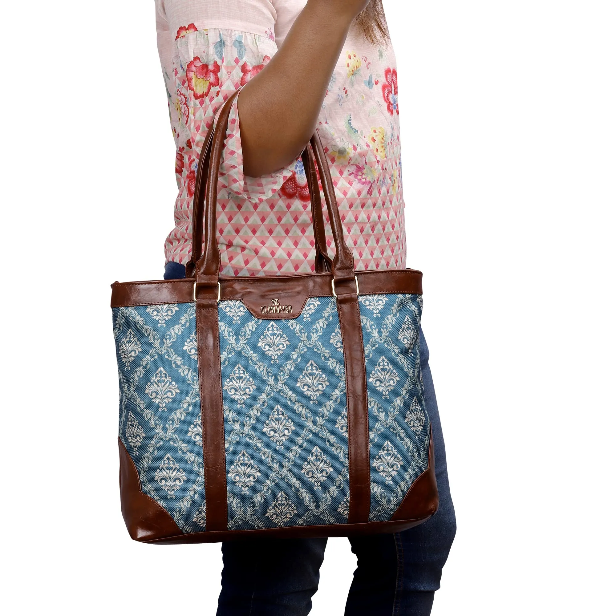 THE CLOWNFISH Miranda Series 15.6 inch Laptop Bag For Women Printed Handicraft Fabric & Faux Leather Office Bag Briefcase Hand Messenger bag Tote Shoulder Bag (Blue)