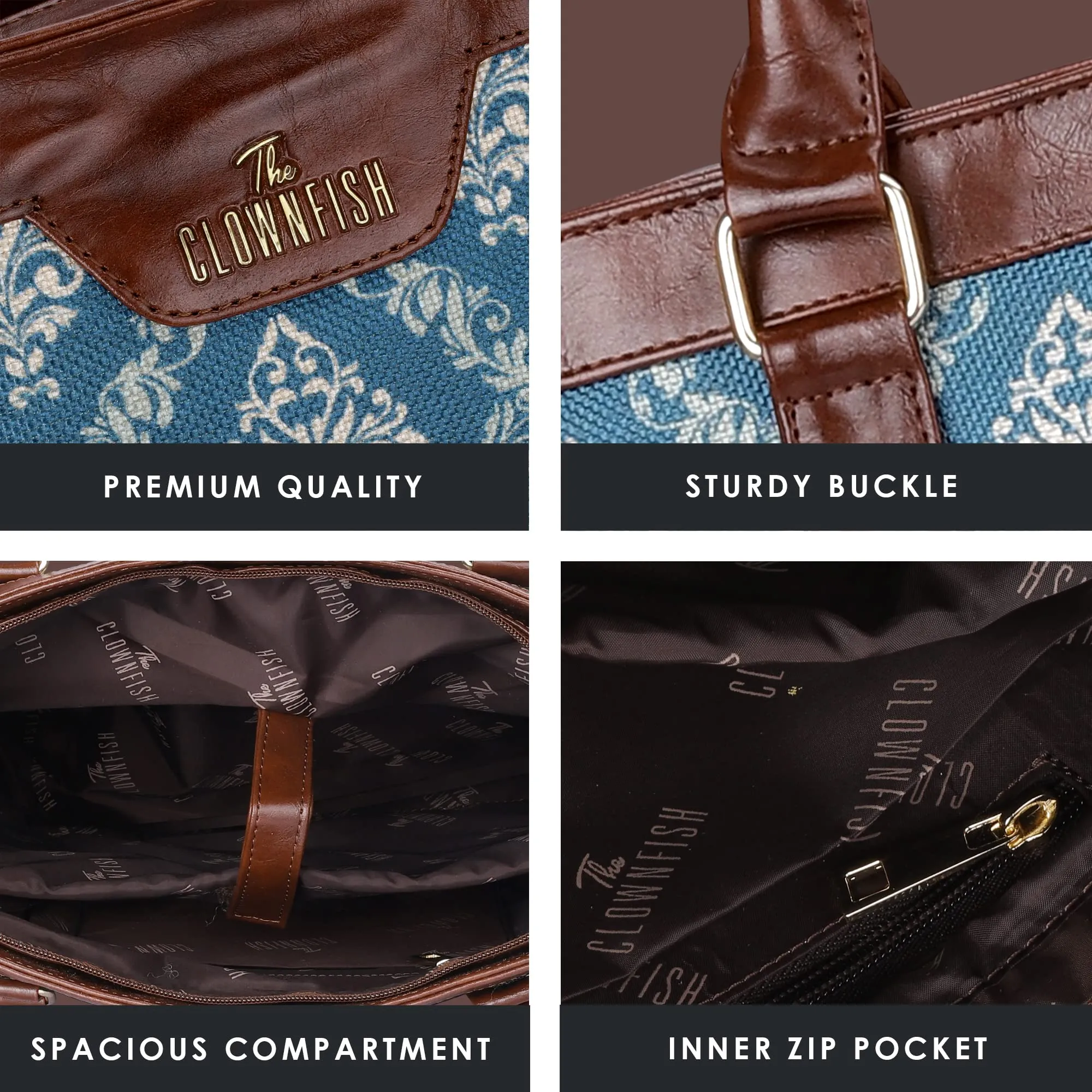 THE CLOWNFISH Miranda Series 15.6 inch Laptop Bag For Women Printed Handicraft Fabric & Faux Leather Office Bag Briefcase Hand Messenger bag Tote Shoulder Bag (Blue)