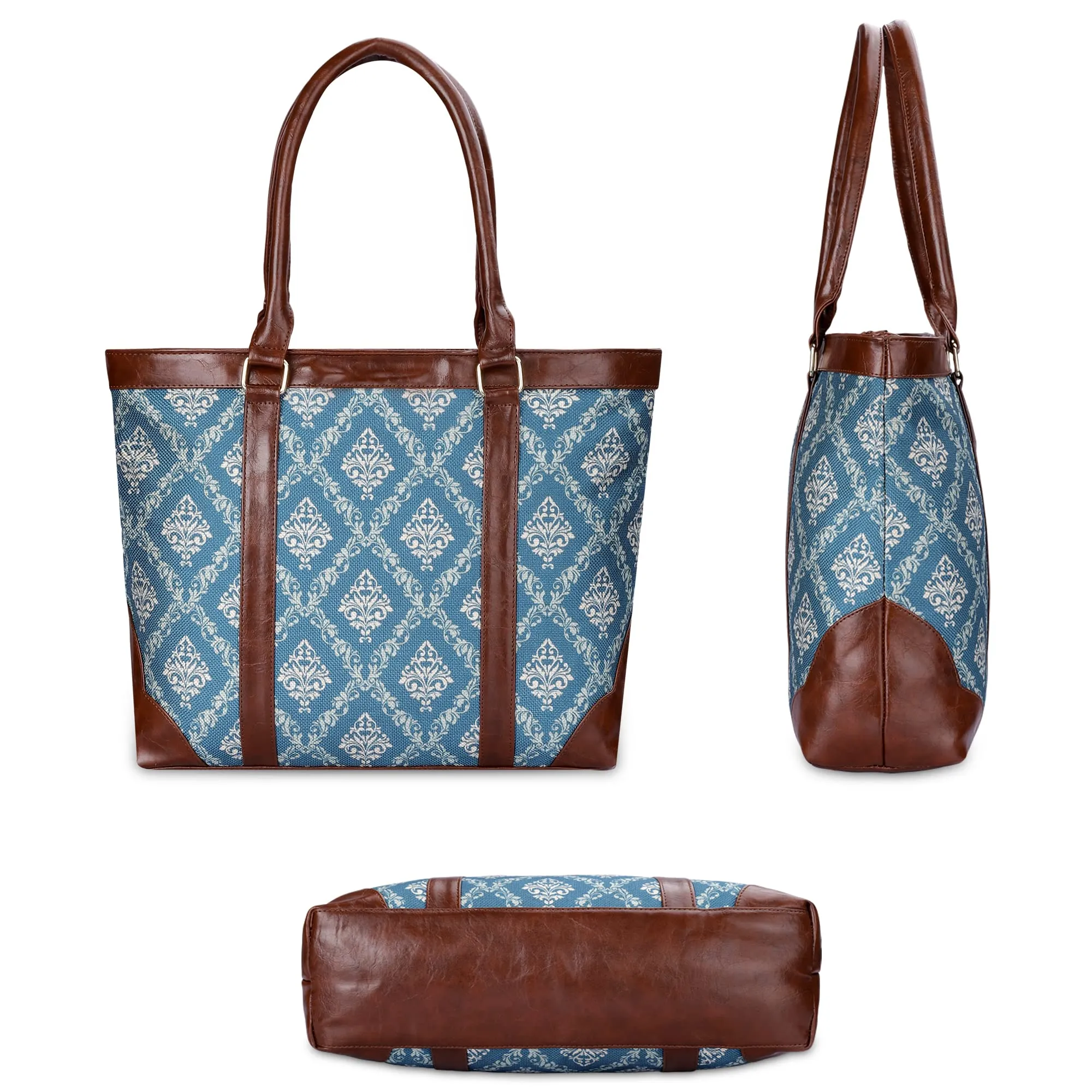 THE CLOWNFISH Miranda Series 15.6 inch Laptop Bag For Women Printed Handicraft Fabric & Faux Leather Office Bag Briefcase Hand Messenger bag Tote Shoulder Bag (Blue)