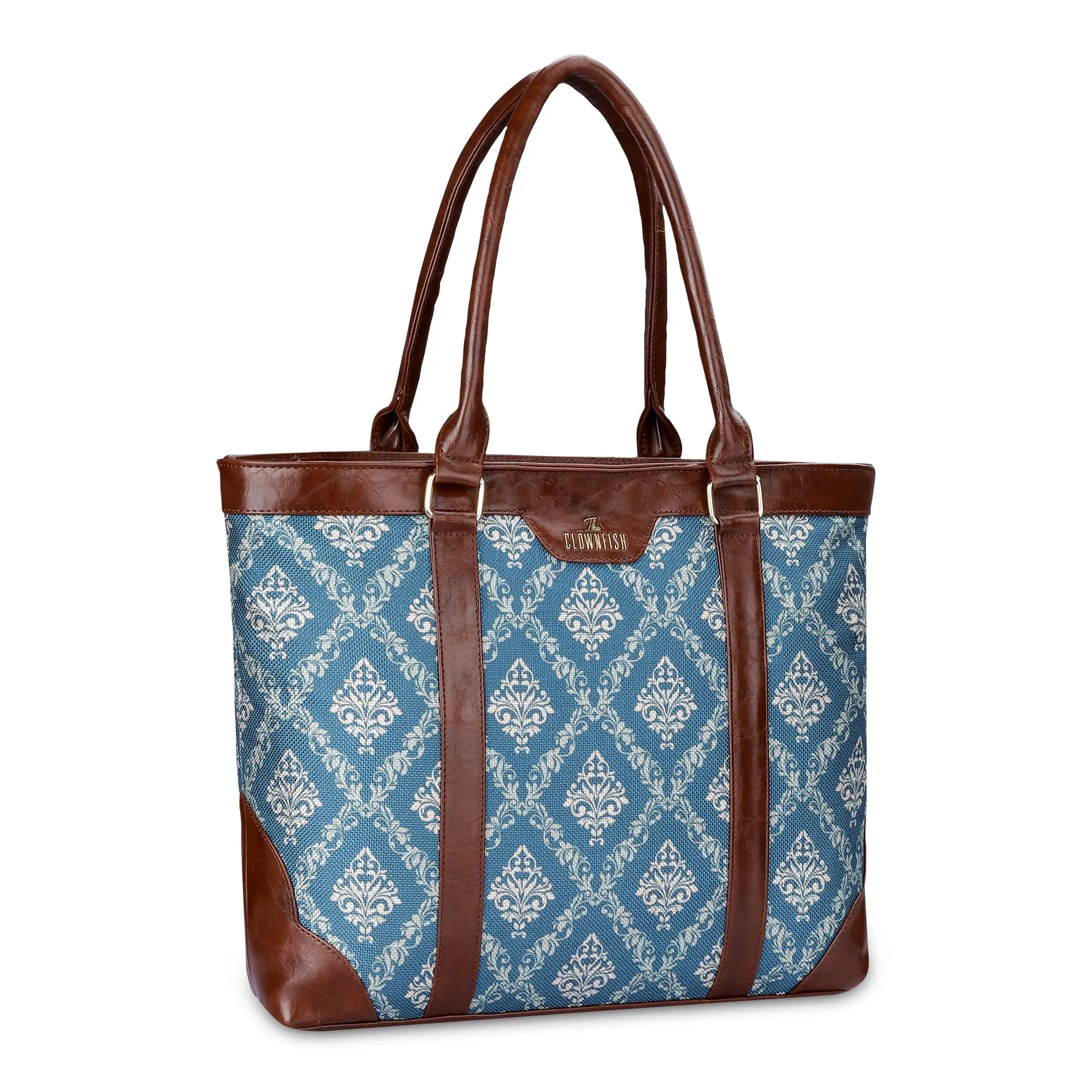 THE CLOWNFISH Miranda Series 15.6 inch Laptop Bag For Women Printed Handicraft Fabric & Faux Leather Office Bag Briefcase Hand Messenger bag Tote Shoulder Bag (Blue)