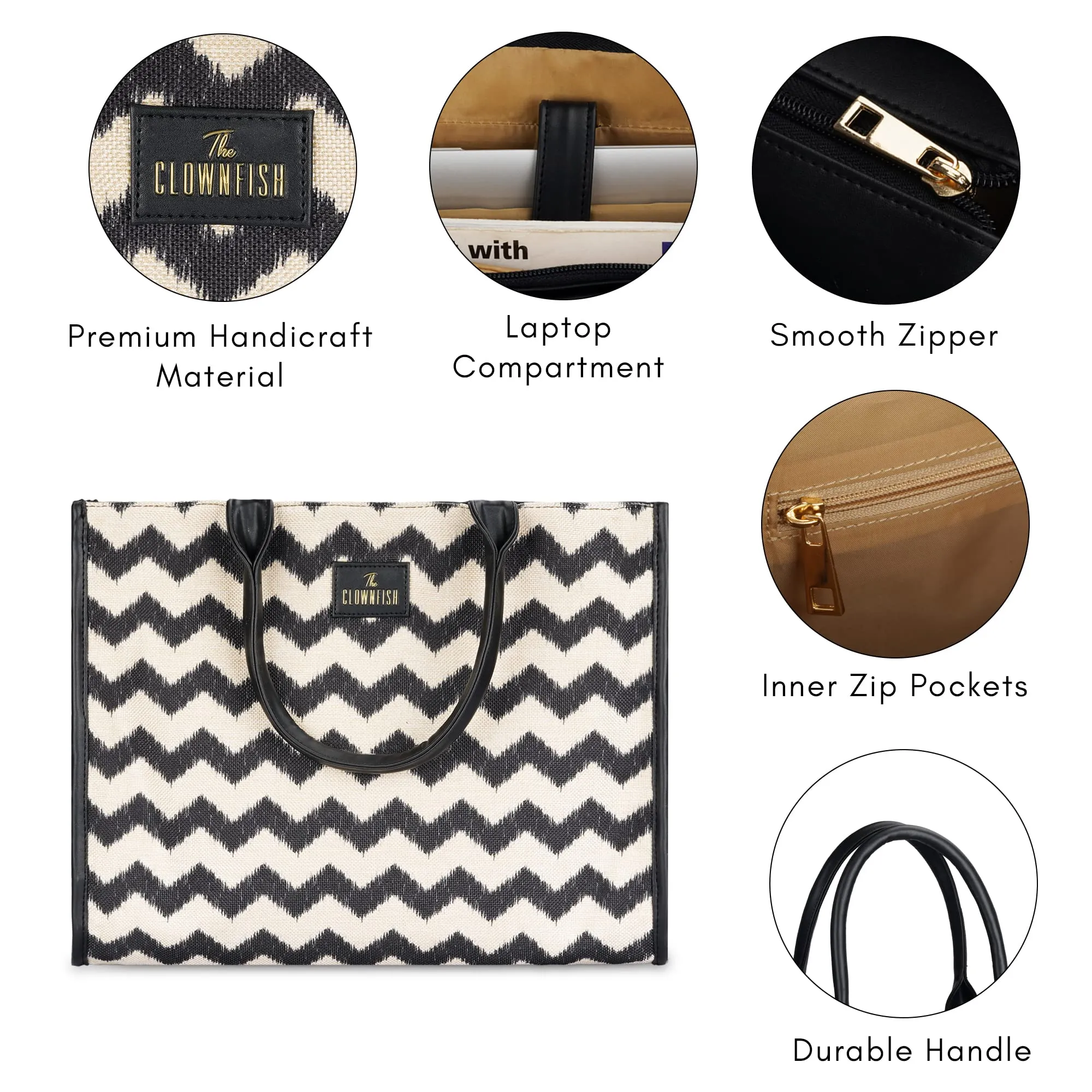THE CLOWNFISH Opulence Series Multipurpose Handbag For Women Box Bag 14 inch Laptop Bag Tote Printed Handicraft Fabric & Faux Leather Bag (Black-Wave Design)