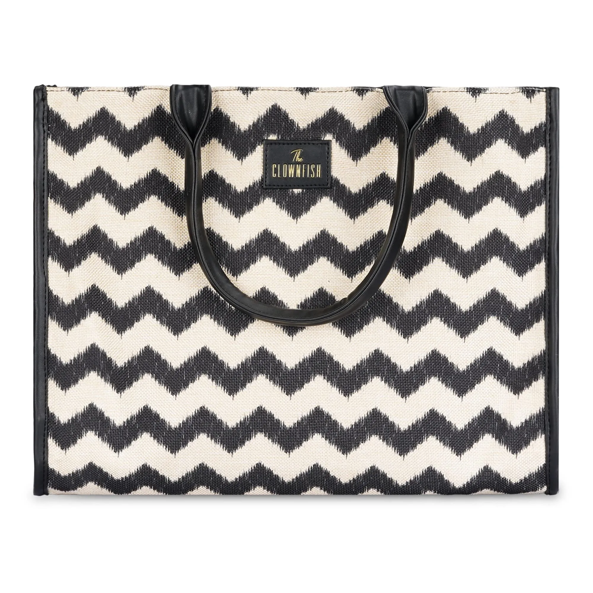 THE CLOWNFISH Opulence Series Multipurpose Handbag For Women Box Bag 14 inch Laptop Bag Tote Printed Handicraft Fabric & Faux Leather Bag (Black-Wave Design)