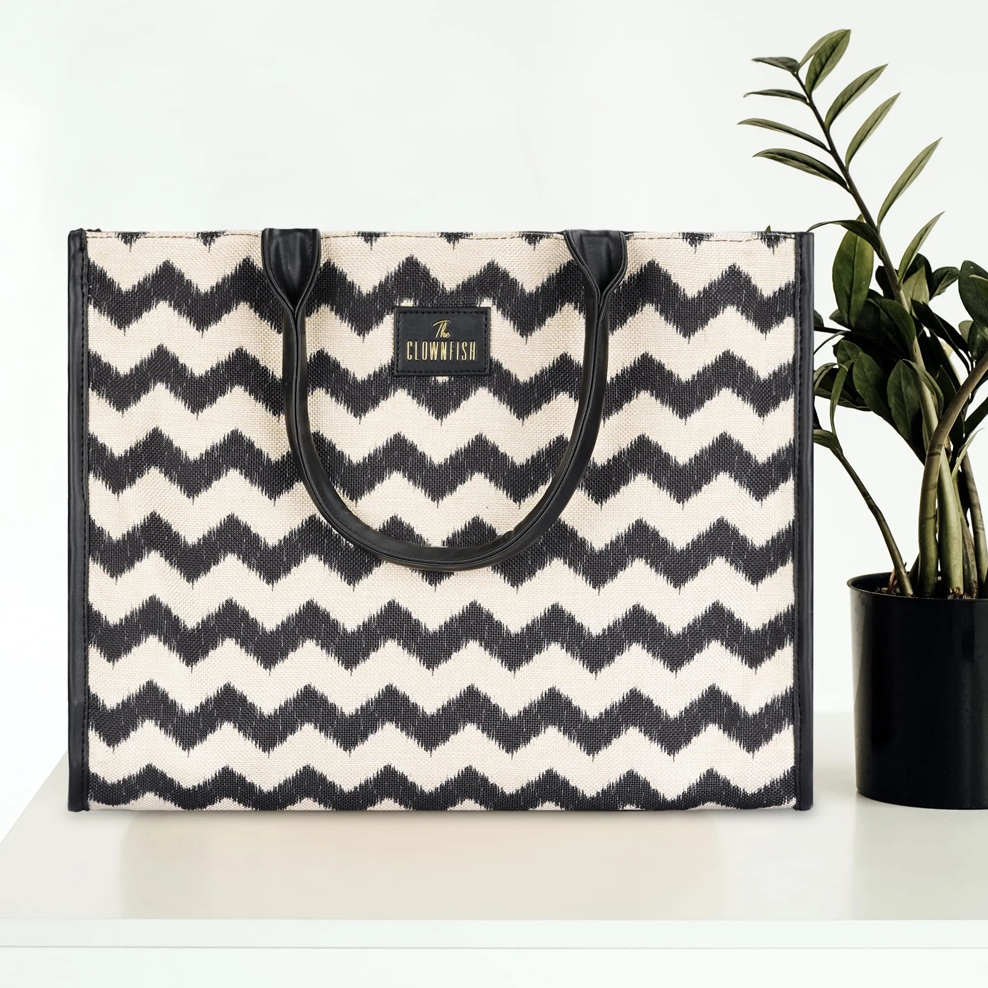 THE CLOWNFISH Opulence Series Multipurpose Handbag For Women Box Bag 14 inch Laptop Bag Tote Printed Handicraft Fabric & Faux Leather Bag (Black-Wave Design)