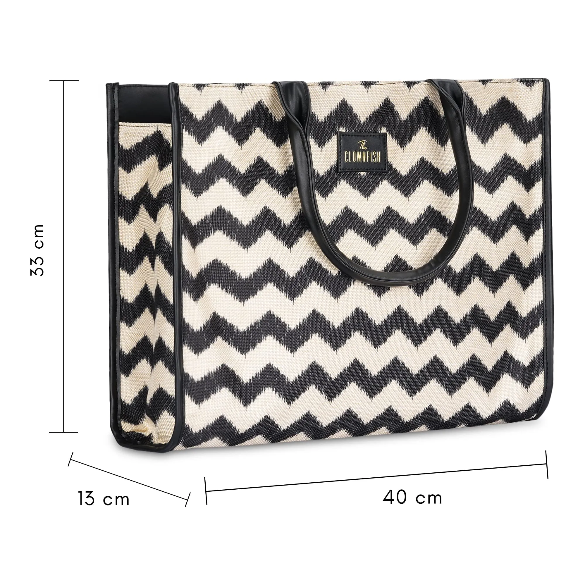 THE CLOWNFISH Opulence Series Multipurpose Handbag For Women Box Bag 14 inch Laptop Bag Tote Printed Handicraft Fabric & Faux Leather Bag (Black-Wave Design)