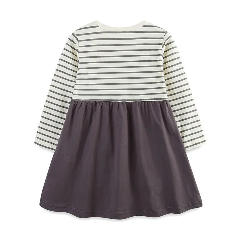 Toddler/Kid Girl Cartoon Cats Embroidery Striped Dress