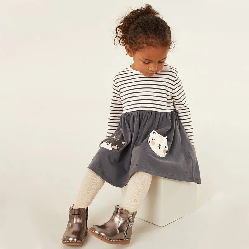 Toddler/Kid Girl Cartoon Cats Embroidery Striped Dress