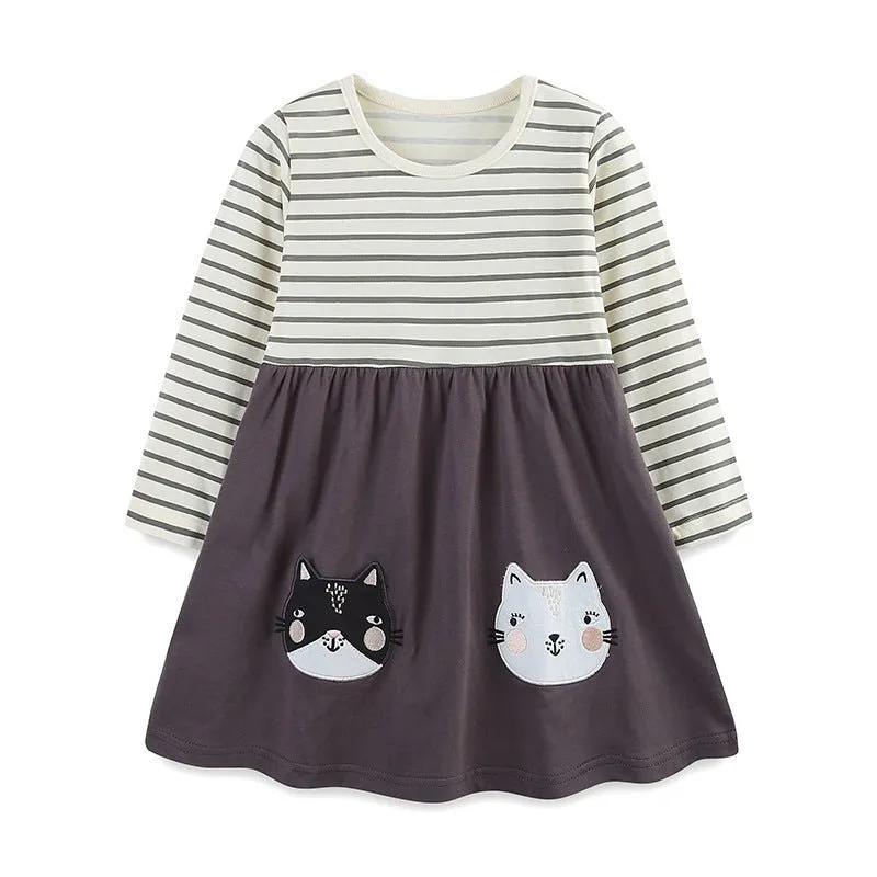 Toddler/Kid Girl Cartoon Cats Embroidery Striped Dress