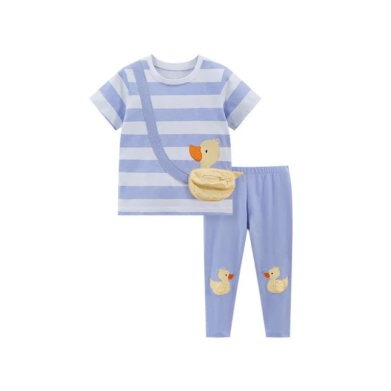 Toddler/Kid Girl's Duck Design Striped Tee with Leggings Set