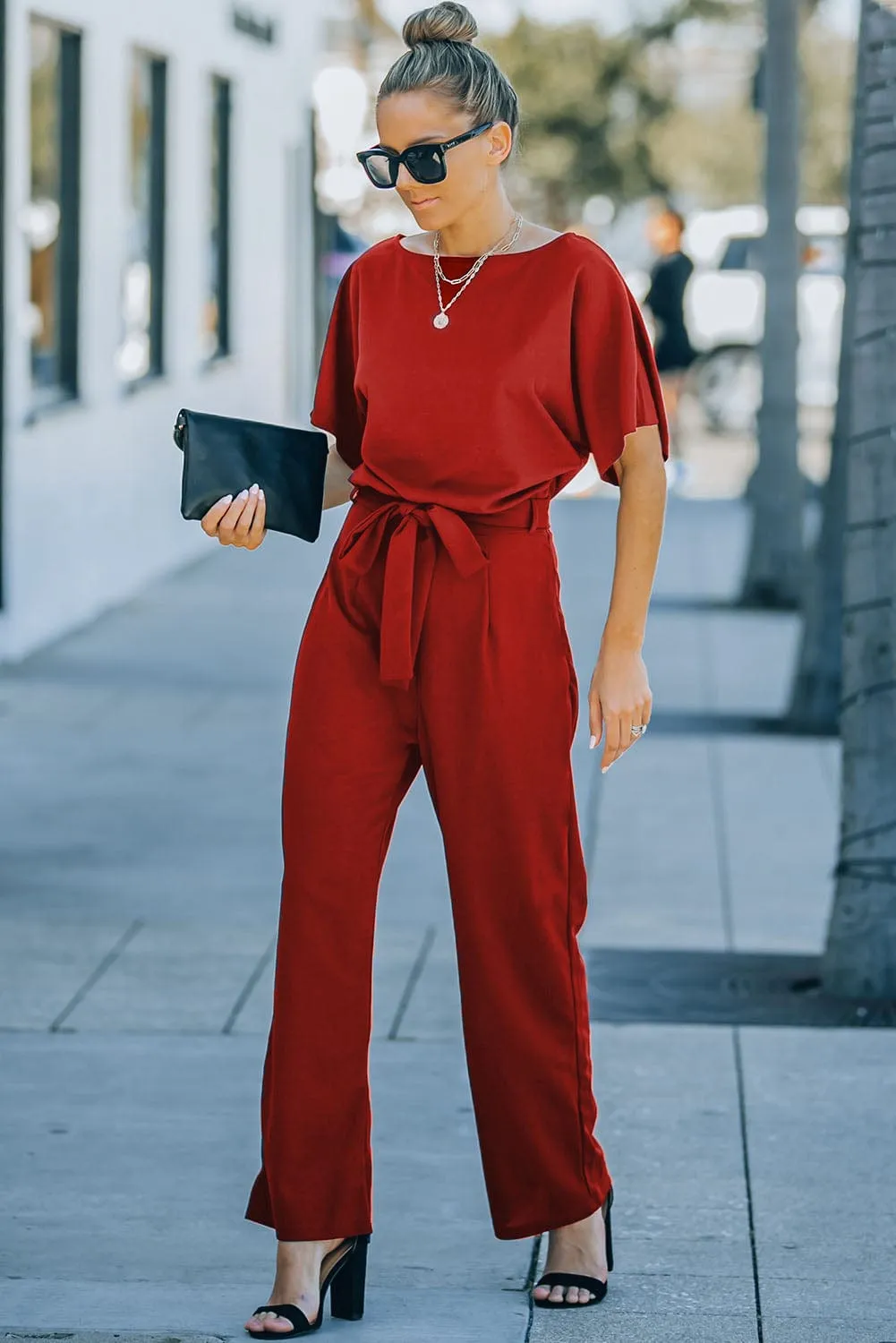 Versatile Belted Casual Jumpsuit with Long Sleeves
