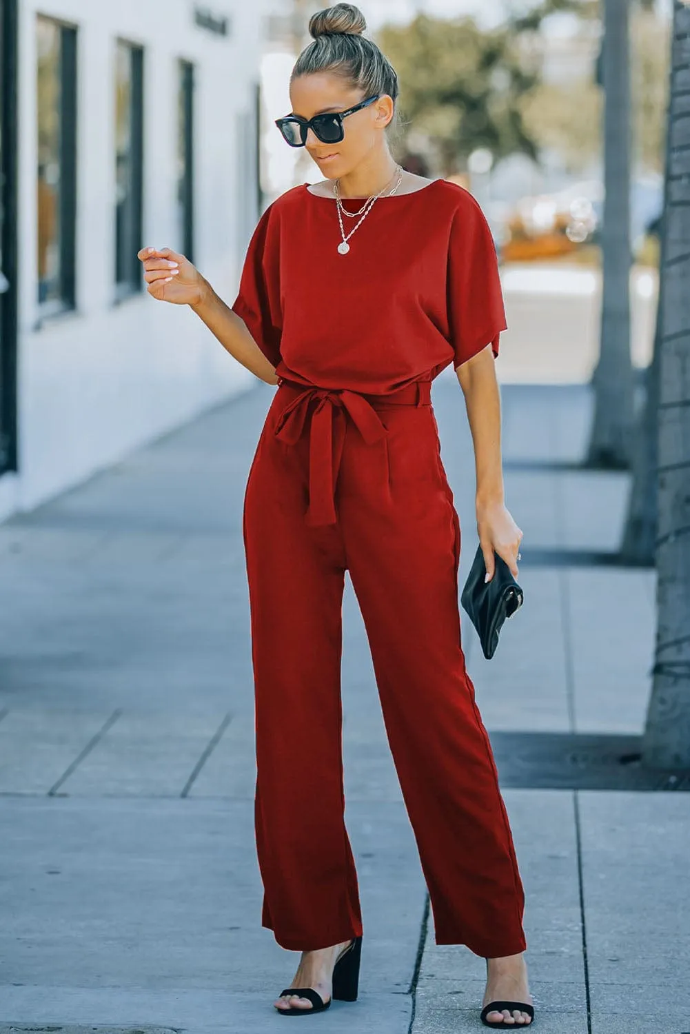 Versatile Belted Casual Jumpsuit with Long Sleeves