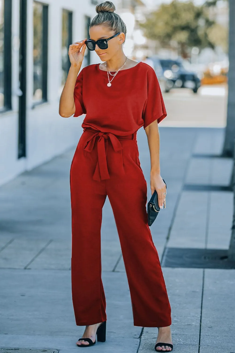Versatile Belted Casual Jumpsuit with Long Sleeves